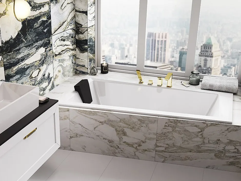 Besco Baignoire asymétrique blanche encastrée + repose tête - INTIMA SLIM - 160 x 90 cm - gauche