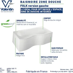 Valentin Baignoire asymétrique d'angle gauche Folk 180 x 90 cm sans tablier