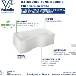 Valentin Baignoire asymétrique d'angle droit Folk 180 x 90 cm sans tablier* Baignoire Asymétrique
