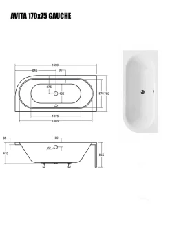 Besco Baignoire Asymétrique sans Tablier - 170 x 75 cm - AVITA SANS TABLIER - GAUCHE - 1 REPOSE-TÊTE OFFERT* Baignoire Asymétrique