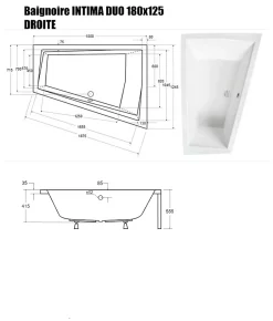 Besco Baignoire Asymétrique sans Tablier - 180 x 125 cm - INTIMA DUO SANS TABLIER- DROITE - 2 REPOSE-TÊTES OFFERTS