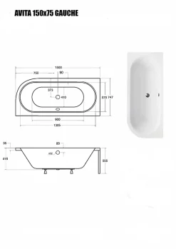 Besco Baignoire Asymétrique sans Tablier - 150 x 75 cm - AVITA SANS TABLIER - GAUCHE - 1 REPOSE-TÊTE OFFERT* Baignoire Asymétrique