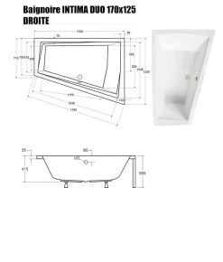 Besco Baignoire Asymétrique sans Tablier - 170 x 125 cm - INTIMA DUO SANS TABLIER - DROITE - 2 REPOSE-TÊTES OFFERTS