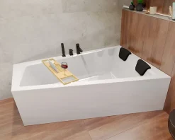 Badland Baignoire asymétrique 180x125 Droite INTIMA acrylique blanc, sans Habillage + Repose Tête + Étagère bambou +Pieds +Vidage à chromé