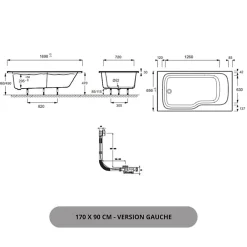Jacob Delafon Baignoire bain douche Malice, version gauche Blanc brillant 170 x 90* Baignoire Droite