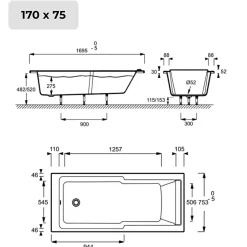 Jacob Delafon Baignoire bain douche Struktura + pare bain + tablier + étagère 170 x 75* Baignoire Droite