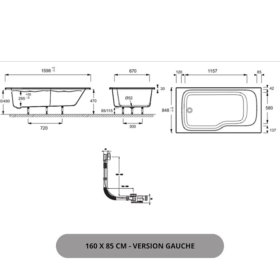 Jacob Delafon Baignoire bain douche Malice antidérapante + tablier angle 160 x 85 gauche* Baignoire Droite
