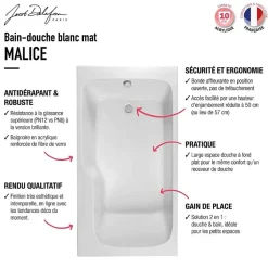 Jacob Delafon Baignoire bain douche Malice, antidérapant, version Gauche Blanc mat 170x90cm* Baignoire Droite