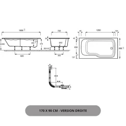 Jacob Delafon Baignoire bain douche Malice antidérapante, version droite 170x90 cm Blanc mat* Baignoire Droite