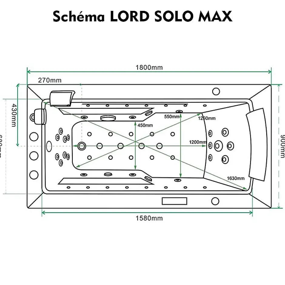 Archipel Baignoire balneo LORD SOLO MAX BLACK 1 place 180X90 - GAUCHE* Baignoire Balnéo