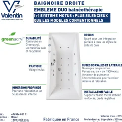 Valentin Baignoire balnéo Embleme duo 180 x 80 cm sans tablier