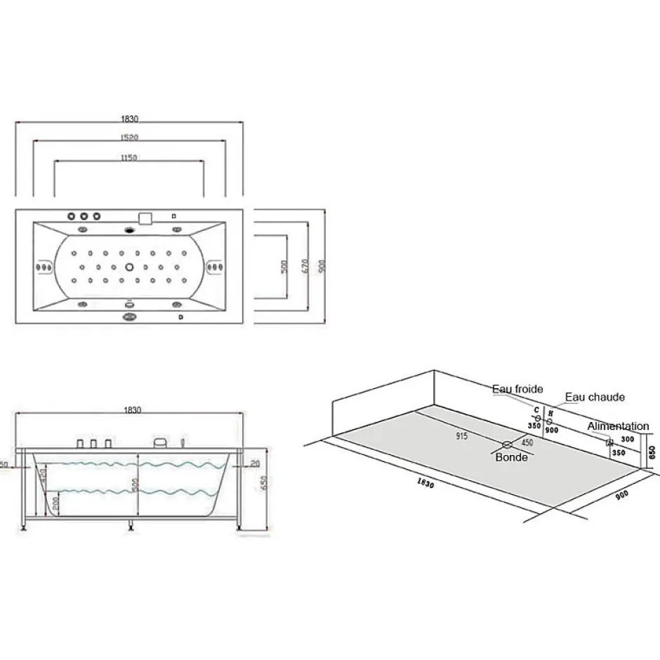 Distribain Baignoire balnéo London 32 jets Whirlpool