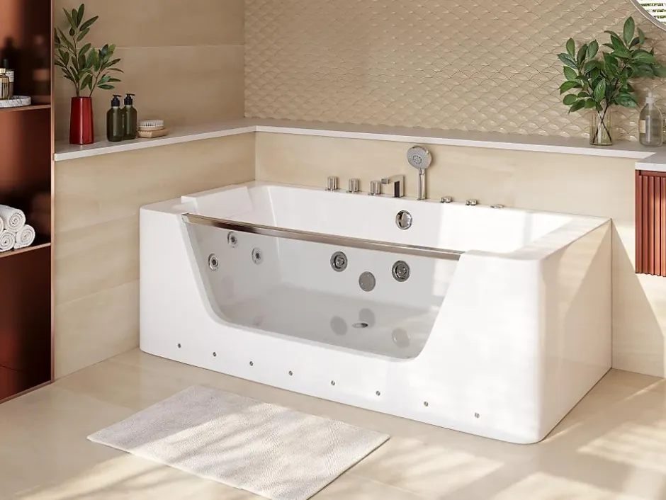 Vente-unique Baignoire balnéo vitrée semi-îlot à leds DYONA - 1 place - 260L - 170x85x58cm - Blanche
