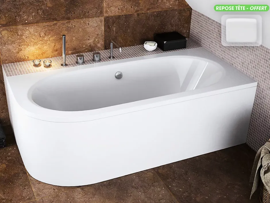 Besco Baignoire d'angle - avec tablier blanc et repose tête offert - AVITA - 170 x 75 cm - Droite