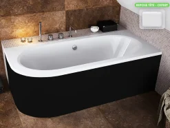 Besco Baignoire d'angle - avec tablier noir Mat et repose tête offert - AVITA - 160 x 75 cm - Droite