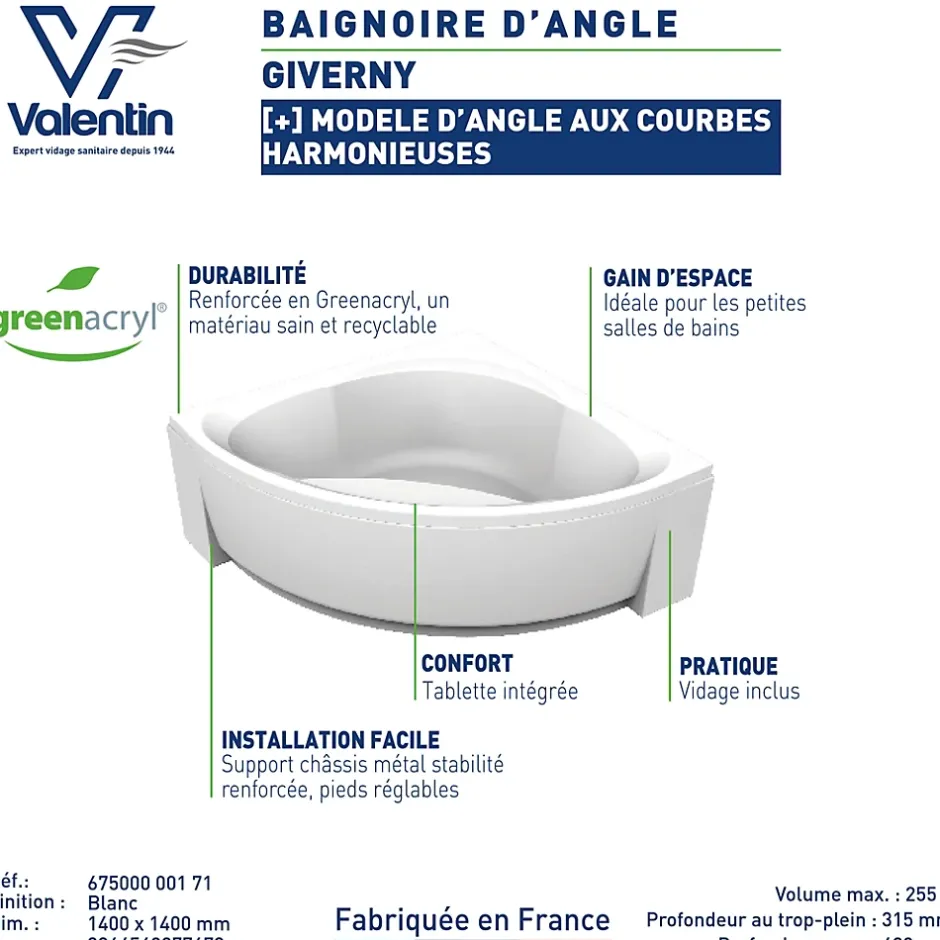 Valentin Baignoire d'angle 140 x 140 cm Giverny sans tablier* Baignoire D'Angle
