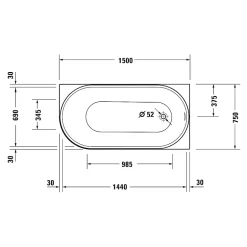 Duravit Baignoire d'angle acrylique salle de bain, vidage de trop plein, 2 places, Coin droite, 150x75x45cm, Blanc, DURADELFI* Baignoire D'Angle