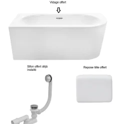 Besco Baignoire d'angle Blanc + Siphon Graphite et Vidage inclus + Repose tête - AVITA S CLASSE - GAUCHE - 170 x 75 cm* Baignoire Asymétrique