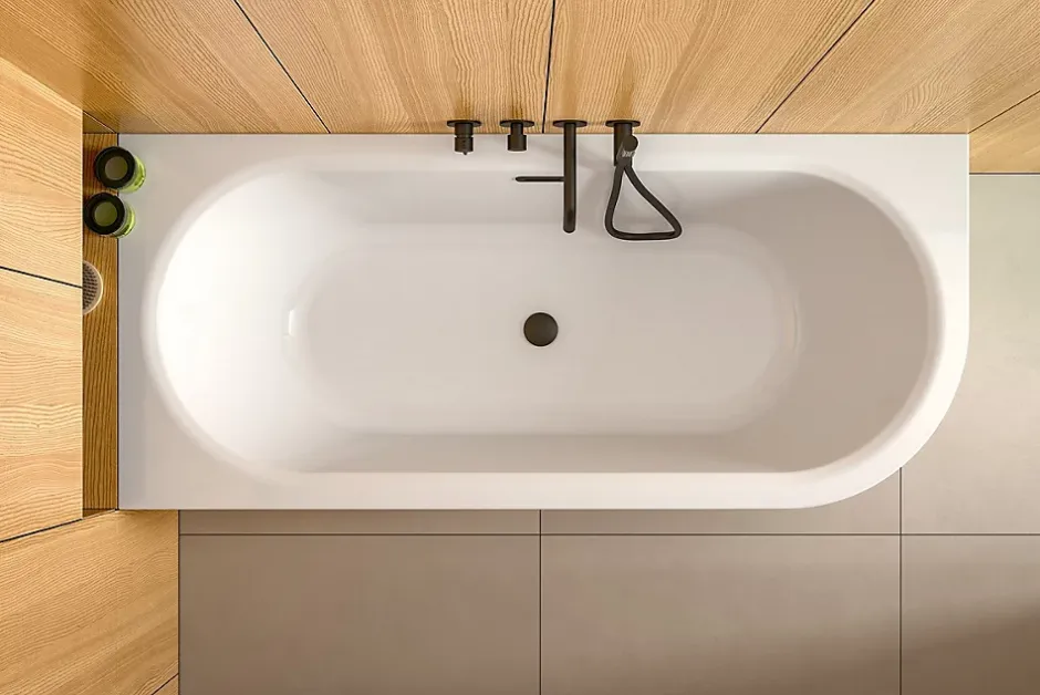 Besco Baignoire d'angle Blanc + Siphon Graphite et Vidage inclus + Repose tête - AVITA S CLASSE - DROITE - 170 x 75 cm