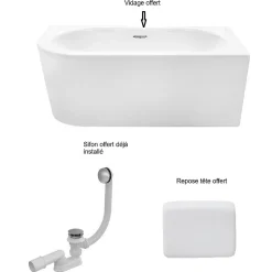 Besco Baignoire d'angle Blanc + Siphon Graphite et Vidage inclus + Repose tête - AVITA S CLASSE - DROITE - 170 x 75 cm