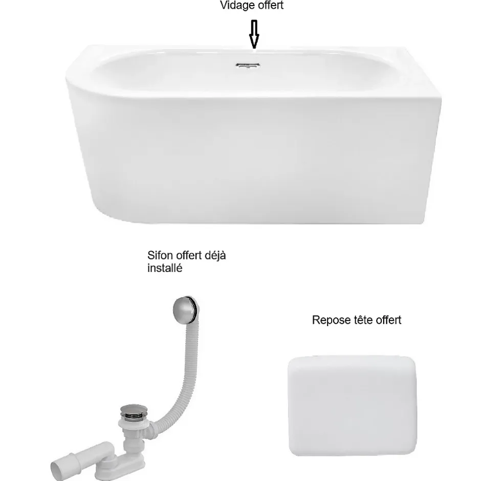 Besco Baignoire d'angle Blanc + Siphon Graphite et Vidage inclus + Repose tête - AVITA S CLASSE - DROITE - 170 x 75 cm