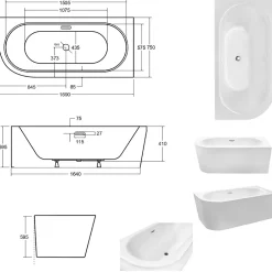 Besco Baignoire d'angle Blanc + Siphon Graphite et Vidage inclus + Repose tête - AVITA S CLASSE - DROITE - 170 x 75 cm