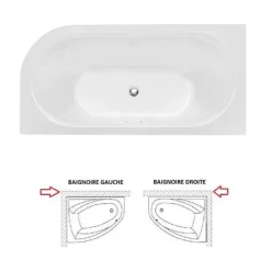 Besco Baignoire d'angle Blanc + Siphon Graphite et Vidage inclus + Repose tête - AVITA S CLASSE - DROITE - 170 x 75 cm