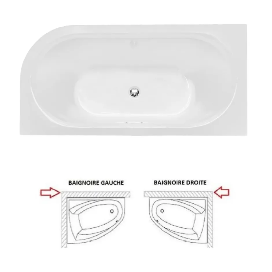Besco Baignoire d'angle Blanc + Siphon Graphite et Vidage inclus + Repose tête - AVITA S CLASSE - DROITE - 170 x 75 cm