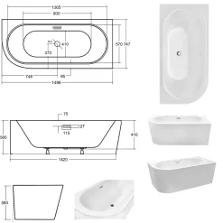 Besco Baignoire d'angle Blanc + Siphon Chrome et Vidage inclus + Repose tête - AVITA S CLASSE - DROITE - 150 x 75 cm