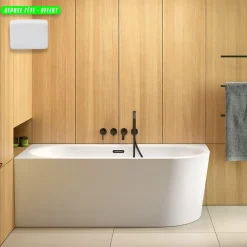 Besco Baignoire d'angle Blanc + Siphon Graphite et Vidage inclus + Repose tête - AVITA S CLASSE - DROITE - 150 x 75 cm* Baignoire Asymétrique
