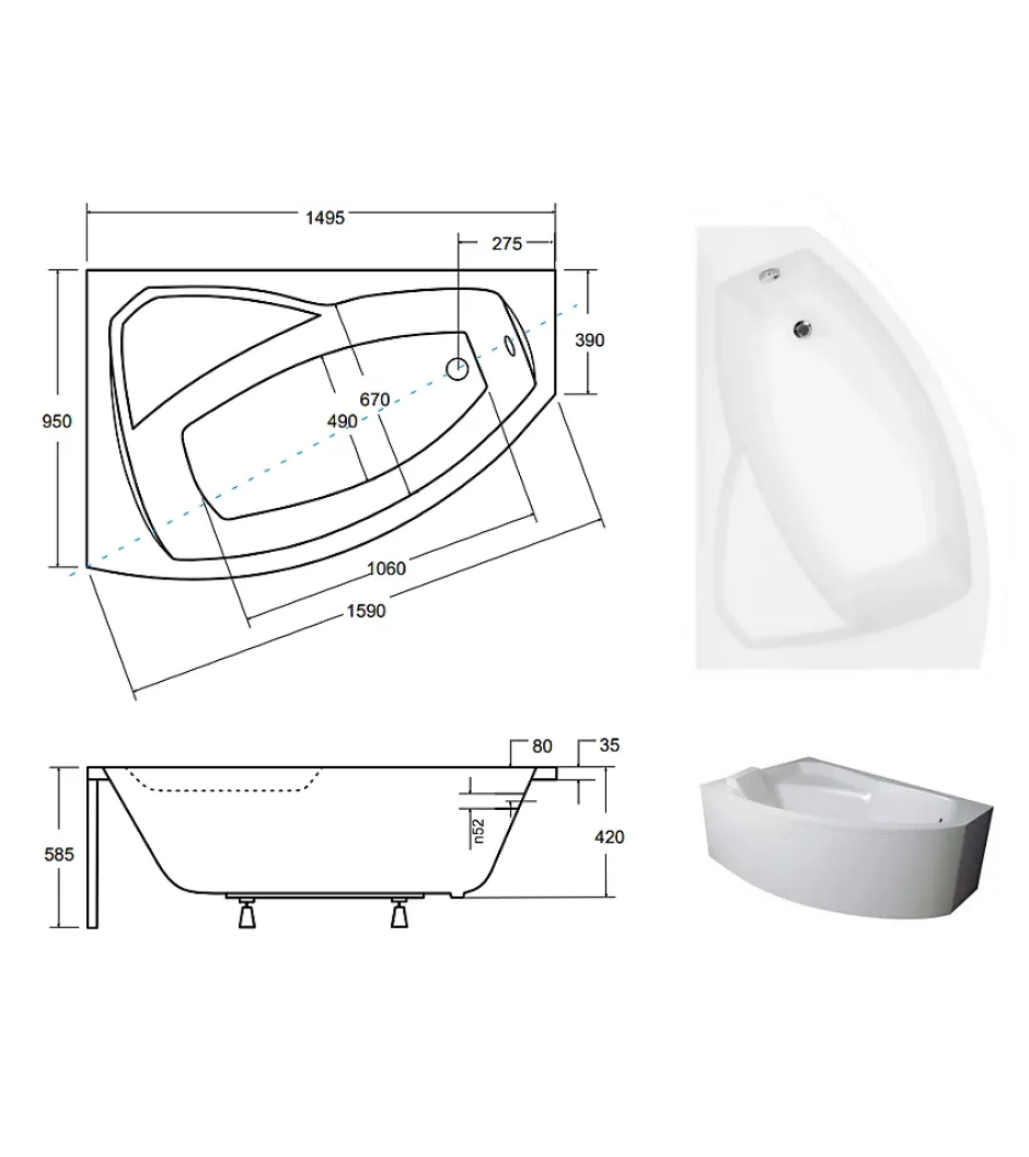 Azura Home Design Baignoire d'angle gauche RIMA avec tablier - 150cm* Baignoire Asymétrique