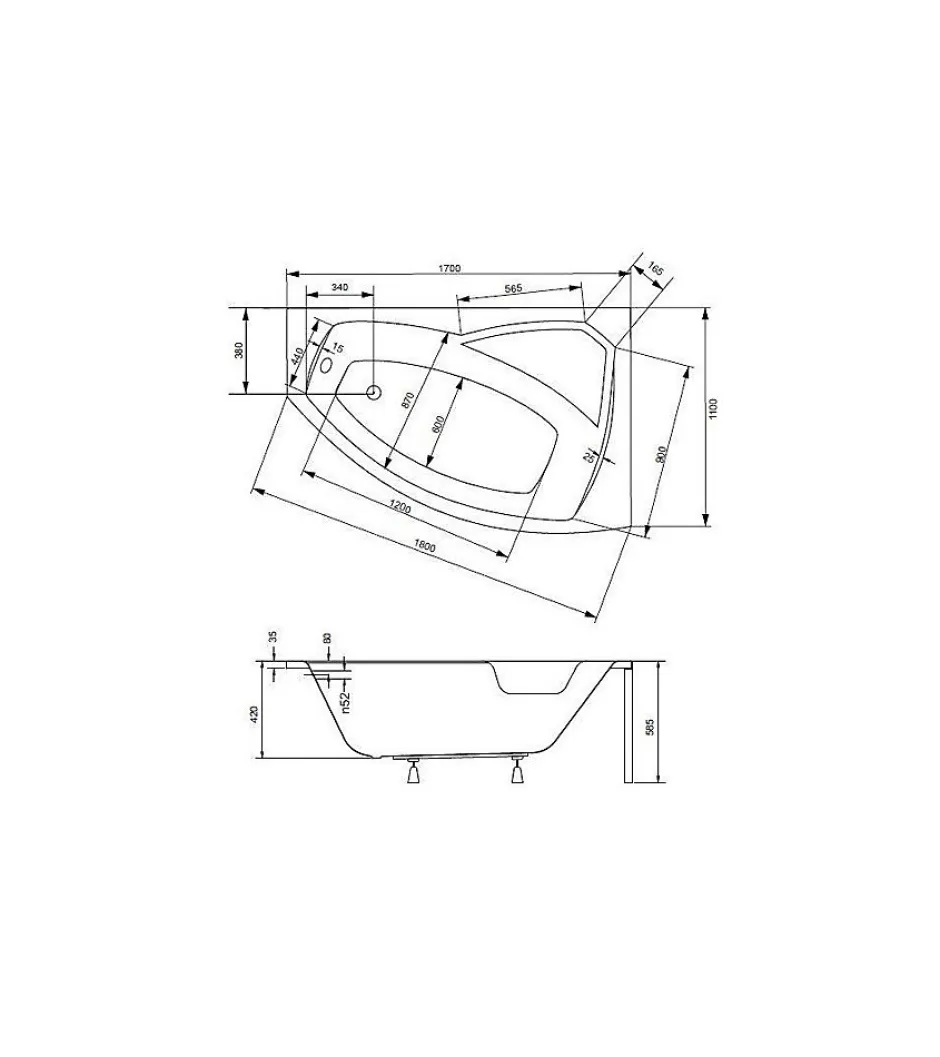 Azura Home Design Baignoire d'angle gauche RIMA avec tablier - 170cm* Baignoire Asymétrique