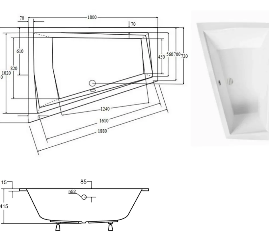 Azura Home Design Baignoire d'angle Gauche ULTIMA DUO ultra-slim - 180cm* Baignoire Asymétrique