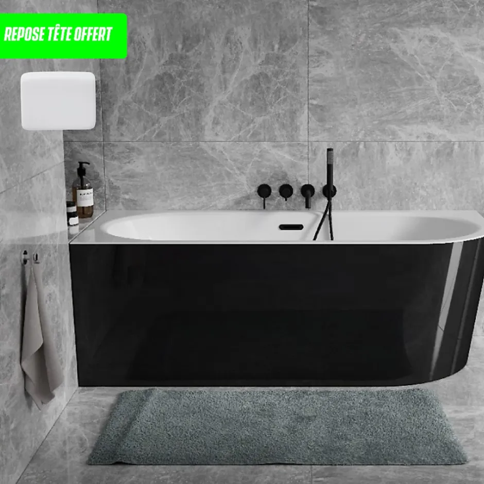 Besco Baignoire d'angle Noir et Blanc + Siphon Blanc et Vidage inclus + Repose tête - AVITA S CLASSE - DROITE - 150 x 75 cm
