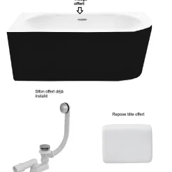 Besco Baignoire d'angle Noir et Blanc + Siphon Blanc et Vidage inclus + Repose tête - AVITA S CLASSE - GAUCHE - 170 x 75 cm* Baignoire Asymétrique