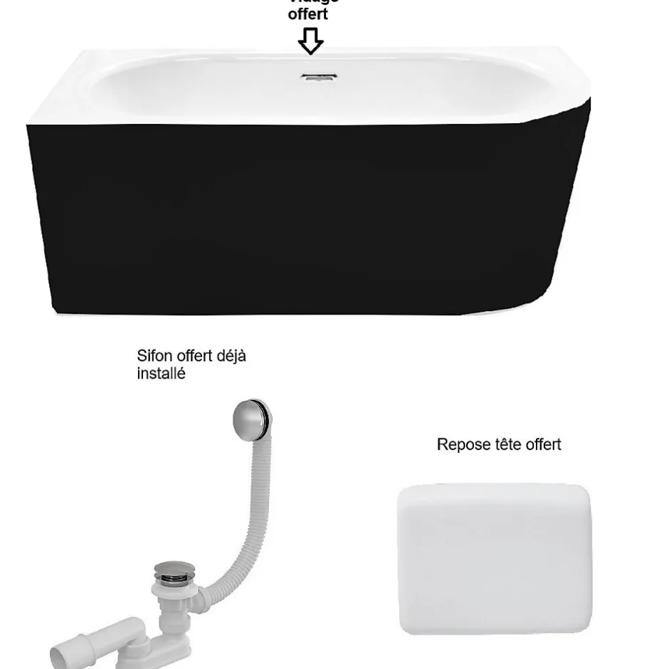 Besco Baignoire d'angle Noir et Blanc + Siphon Blanc et Vidage inclus + Repose tête - AVITA S CLASSE - GAUCHE - 170 x 75 cm* Baignoire Asymétrique