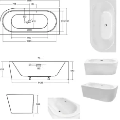 Besco Baignoire d'angle Noir et Blanc + Siphon noir et Vidage inclus + Repose tête - AVITA S CLASSE - GAUCHE - 150 x 75 cm