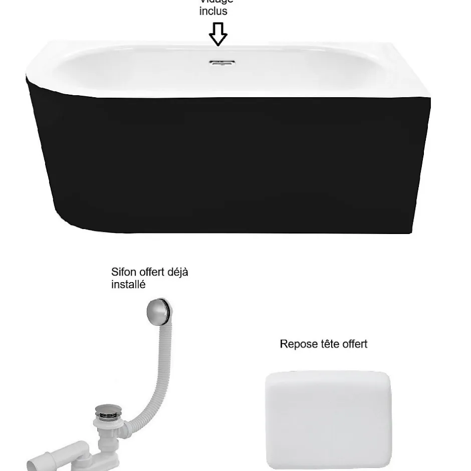Besco Baignoire d'angle Noir et Blanc + Siphon Chrome et Vidage inclus + Repose tête - AVITA S CLASSE - DROITE - 150 x 75 cm