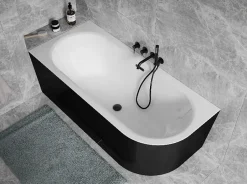 Besco Baignoire d'angle Noir et Blanc + Siphon Graphite et Vidage inclus + Repose tête - AVITA S CLASSE - GAUCHE - 170 x 75 cm* Baignoire Asymétrique