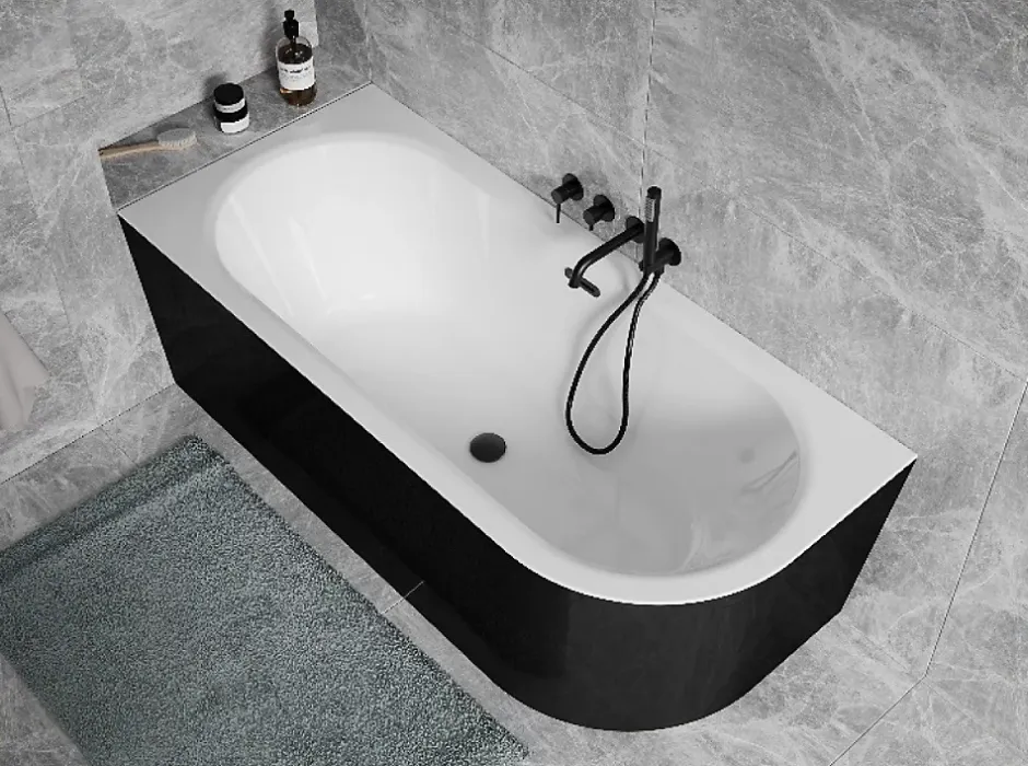 Besco Baignoire d'angle Noir et Blanc + Siphon Blanc et Vidage inclus + Repose tête - AVITA S CLASSE - GAUCHE - 150 x 75 cm* Baignoire Asymétrique