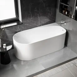 Bernstein Baignoire d'angle semi-îlot Acrylique Ovale Salle de Bain avec Bonde + trop plein, Blanc, 170x78x58cm, Garantie 5 ans, ONDA CORNER
