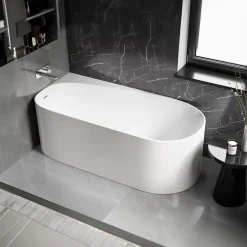 Bernstein Baignoire d'angle semi-îlot Acrylique Ovale Salle de Bain avec Bonde + trop plein, Blanc, 170x78x58cm, Garantie 5 ans, ONDA CORNER* Baignoire D'Angle