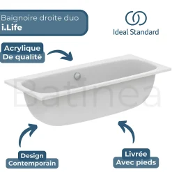 Ideal Standard Baignoire droite 180 x 80 i.life Duo* Baignoire Droite