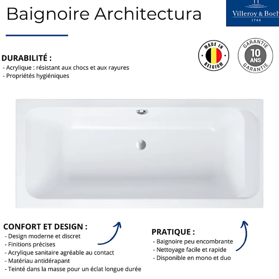 Villeroy & Boch Baignoire droite 170 X 80 VILLEROY ET BOCH Architectura acrylique avec pieds