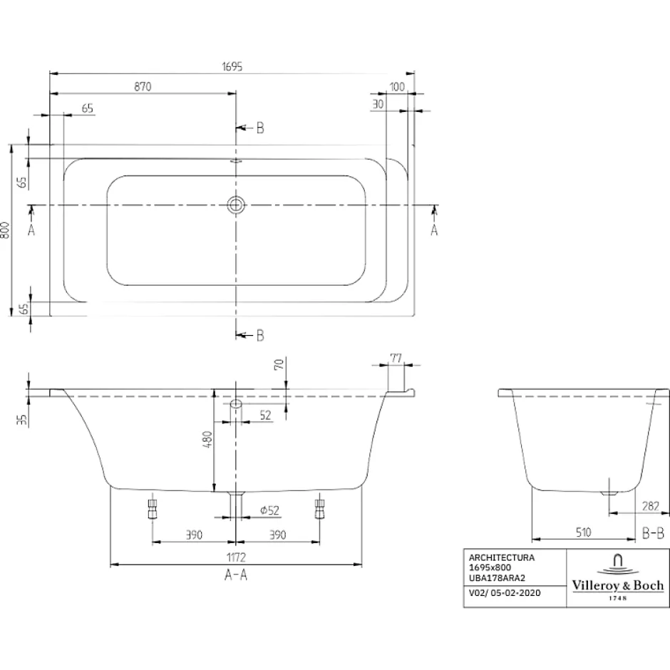 Villeroy & Boch Baignoire droite 170 X 80 VILLEROY ET BOCH Architectura acrylique avec pieds