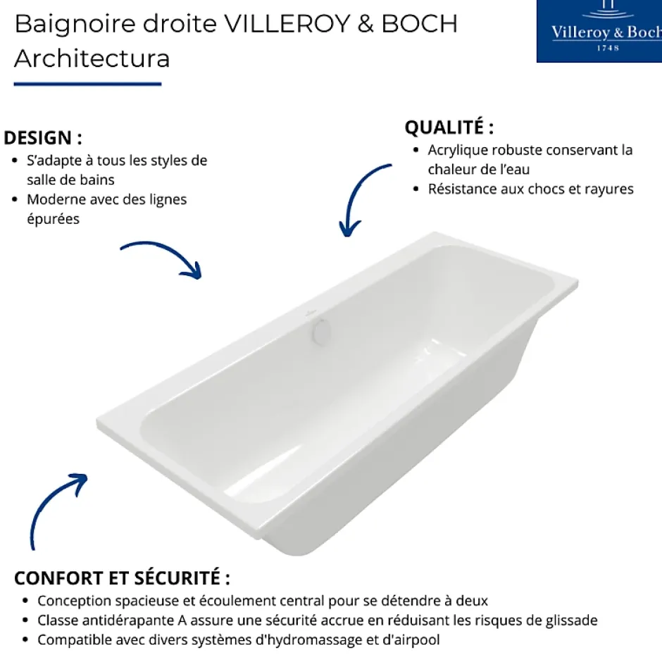 Villeroy & Boch Baignoire droite 180 x 80 Architectura