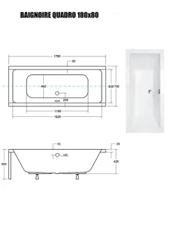 Besco Baignoire Droite sans Tablier - 180 x 80 cm - QUADRO SANS TABLIER - REPOSE-TÊTE MODERN OFFERT* Baignoire Droite
