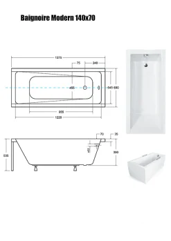 Besco Baignoire Droite sans Tablier - 140 x 70 cm - MODERN SANS TABLIER - REPOSE-TÊTE OFFERT* Baignoire Droite