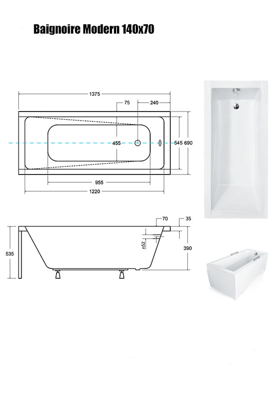 Besco Baignoire Droite sans Tablier - 140 x 70 cm - MODERN SANS TABLIER - REPOSE-TÊTE OFFERT* Baignoire Droite