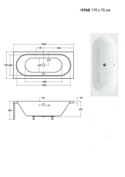 Besco Baignoire Droite sans Tablier - 170 x 75 cm - VITAE SANS TABLIER - REPOSE-TÊTE OFFERT